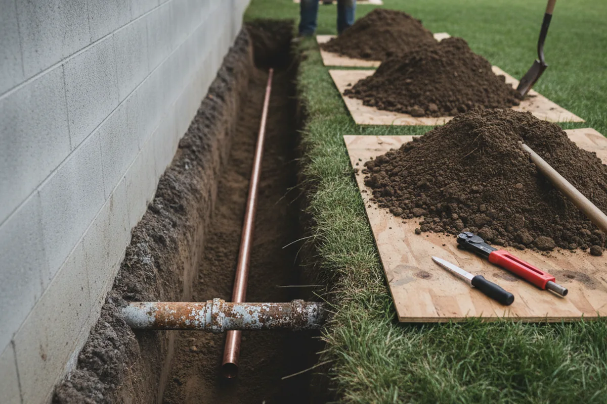Excavated water line trench during Water Softener Installation in Macy
